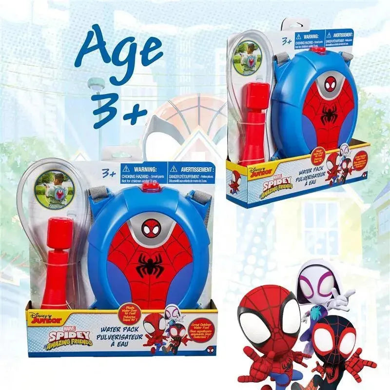 Spiderman-themed water backpack for kids, featuring a blue design with a spider emblem and included spray nozzle. Suitable for ages 3+.
