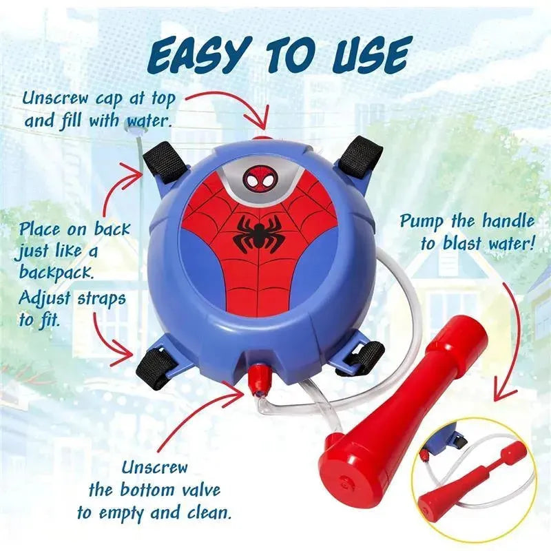 Spiderman-themed water backpack for kids, featuring adjustable straps, a pump handle, and instructions for easy use.