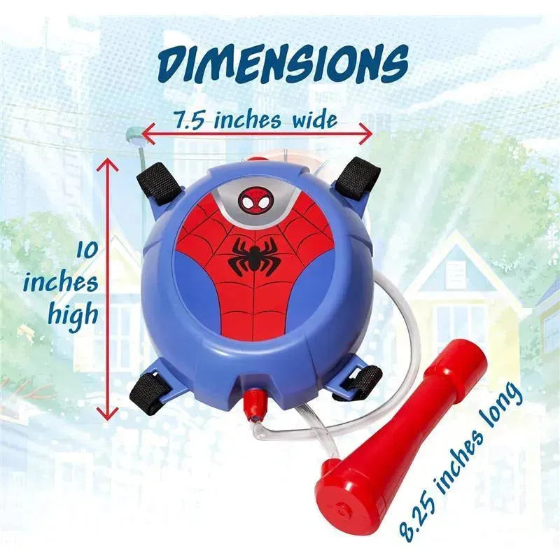 Spiderman-themed water backpack for kids, featuring a red and blue design with Spider-Man graphics and a water nozzle. Dimensions labeled.