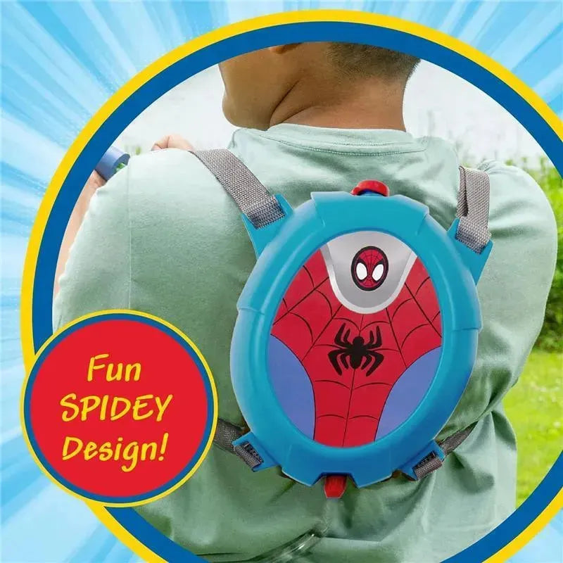 Water backpack for kids featuring a blue Spiderman design with adjustable straps and a playful spider motif.