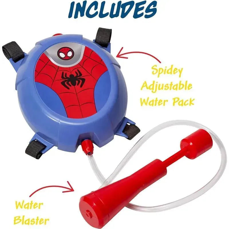 Spiderman-themed water backpack with adjustable straps and a red water blaster attached by a clear tube.