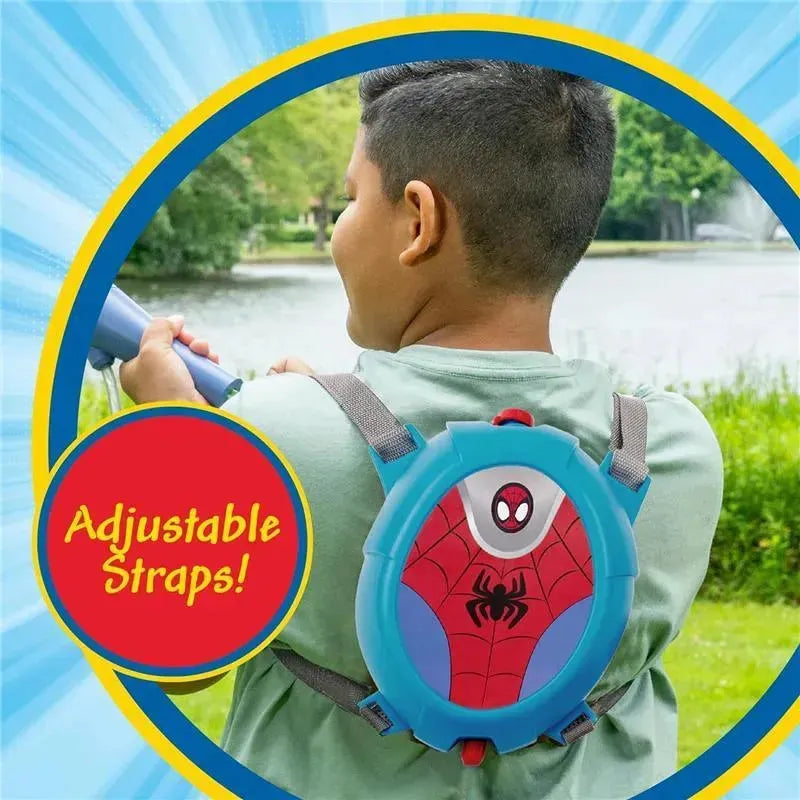Little Kids Disney Spiderman water backpack with adjustable straps worn by a child, outdoors near a pond.