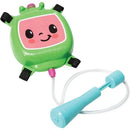 Licensed Cocomelon water backpack for kids, featuring a smiling green character, a hydration tube, and adjustable straps.