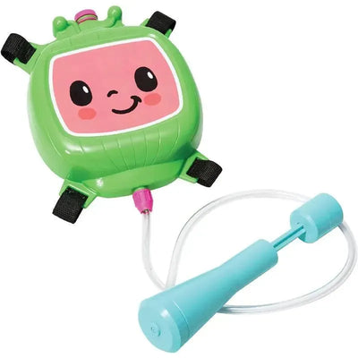 Licensed Cocomelon water backpack for kids, featuring a smiling green character, a hydration tube, and adjustable straps.