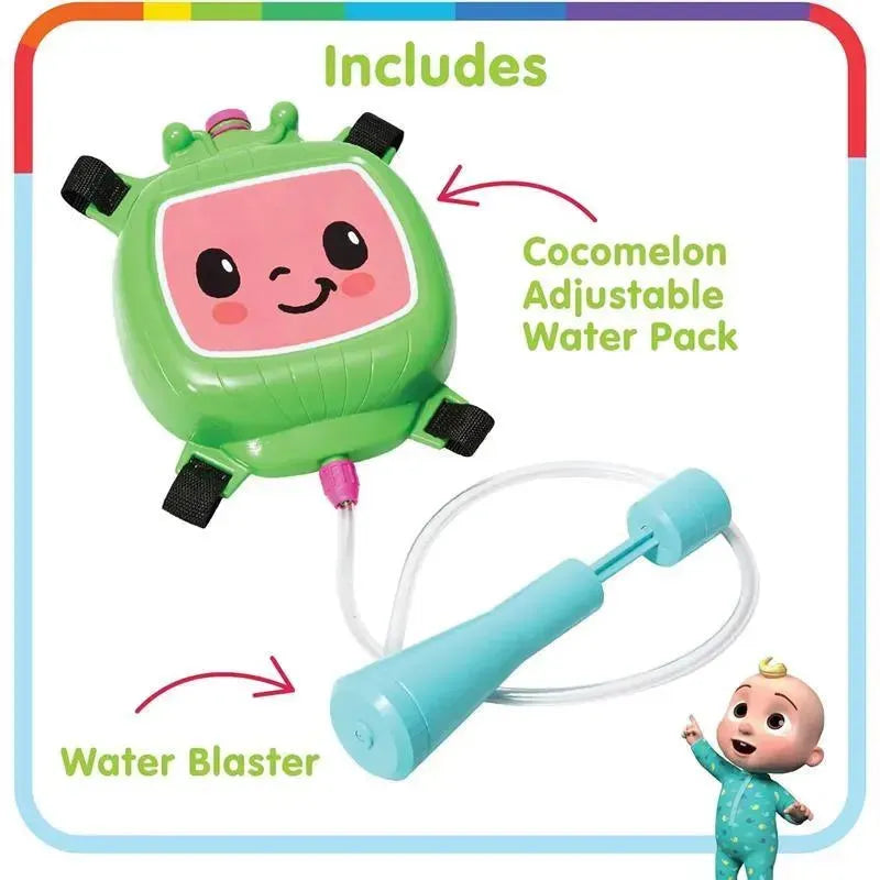 Cocomelon licensed water backpack with a smiley character design, includes an adjustable water pack and a blue water blaster.