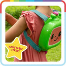 Licensed Cocomelon water backpack for kids with adjustable straps and a smiling character design, worn by a child.
