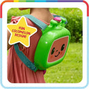 Licensed Cocomelon water backpack with a smiling character design, worn by a child, featuring adjustable straps.