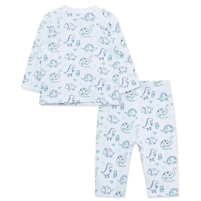 Green dinosaur-patterned baby cardigan set, featuring a long-sleeve top and matching pants.