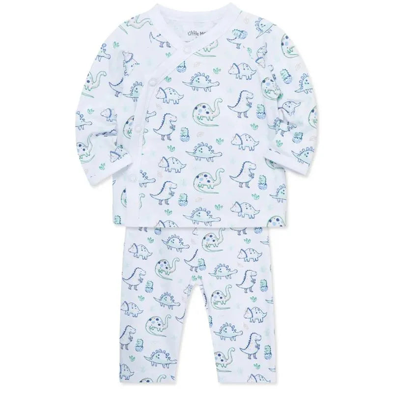 Green dinosaur-themed cardigan set featuring a long-sleeve shirt and matching pants, ideal for baby wear.