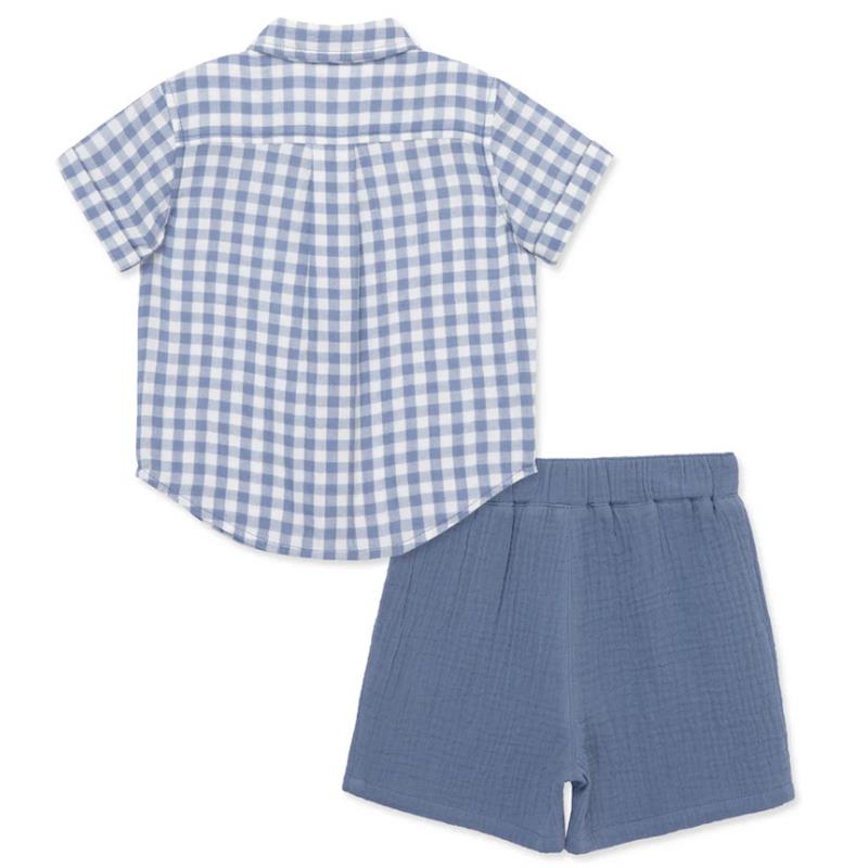 Short-sleeve checkered blue shirt and matching blue shorts set for baby boys by Little Me.