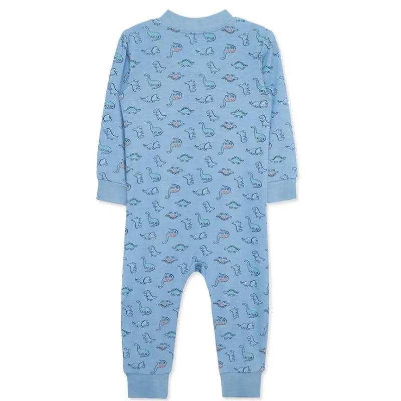Blue zip-front pajama for baby boys featuring a playful dinosaur print in various colors.