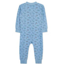 Blue zip-front pajama for baby boys featuring a playful dinosaur print in various colors.