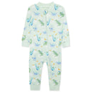 Baby boy zip front pajama with green dragon and dinosaur print on a light mint background.