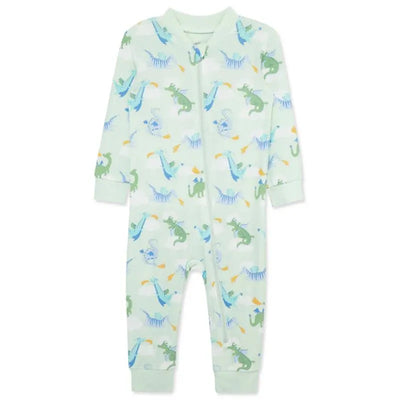 Baby boy zip front pajama with green dragon and dinosaur print on a light mint background.