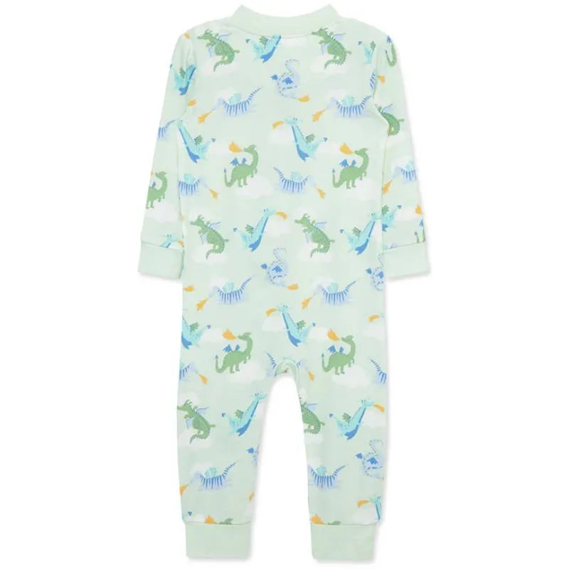 Baby boy zip front pajama featuring a dragon print in green, blue, and orange on a light mint background.