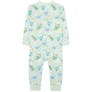 Baby boy zip front pajama featuring a dragon print in green, blue, and orange on a light mint background.