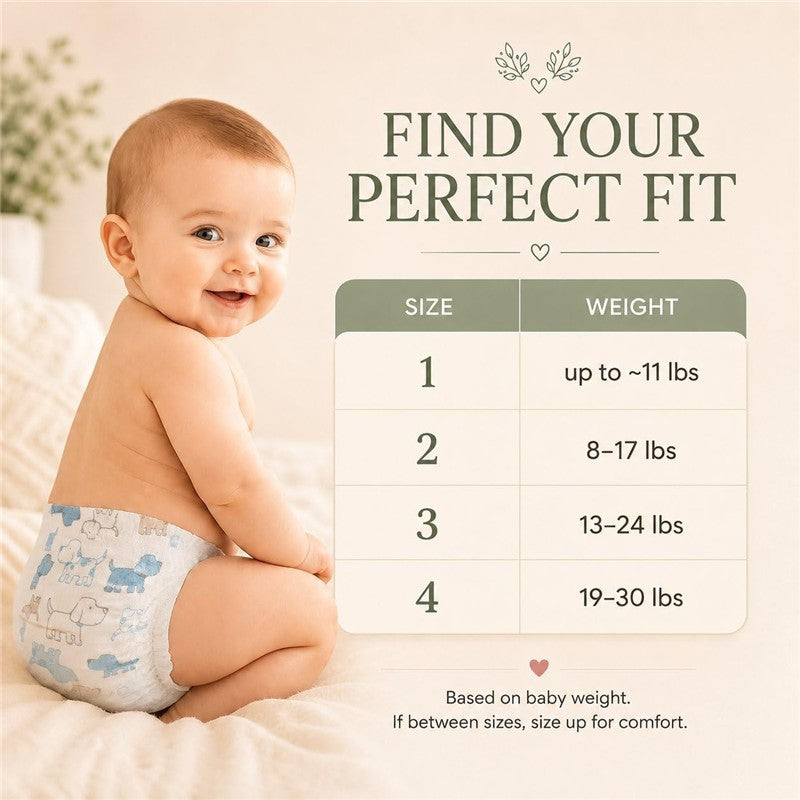 Baby wearing a diaper with a puppy design, demonstrating size 2, next to a size and weight chart for diaper fitting.