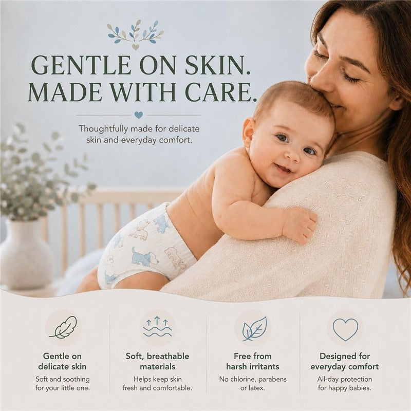 Baby wearing Little Me Baby Diapers with a puppy design, being held by a smiling mother. Text highlights softness and skin care.
