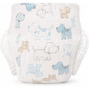 Soft baby diaper featuring playful puppy illustrations in blue and brown, designed for gentle, absorbent use.
