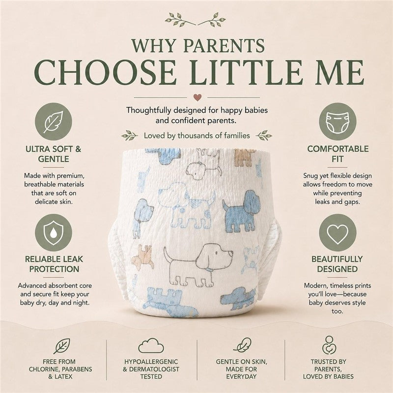 Little Me Baby Diapers in size 1, featuring a soft, absorbent design with puppy prints, highlighting gentle and reliable protection for babies.