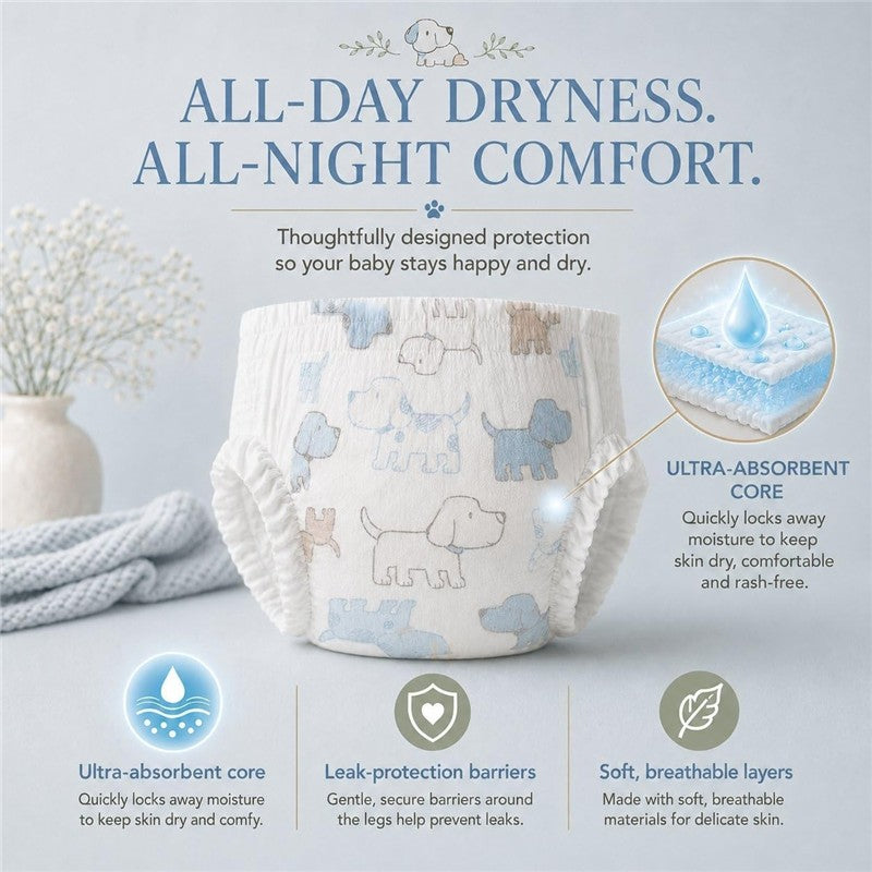 Soft baby diaper with puppy designs, featuring ultra-absorbent core and leak-protection barriers, promoting comfort and dryness.