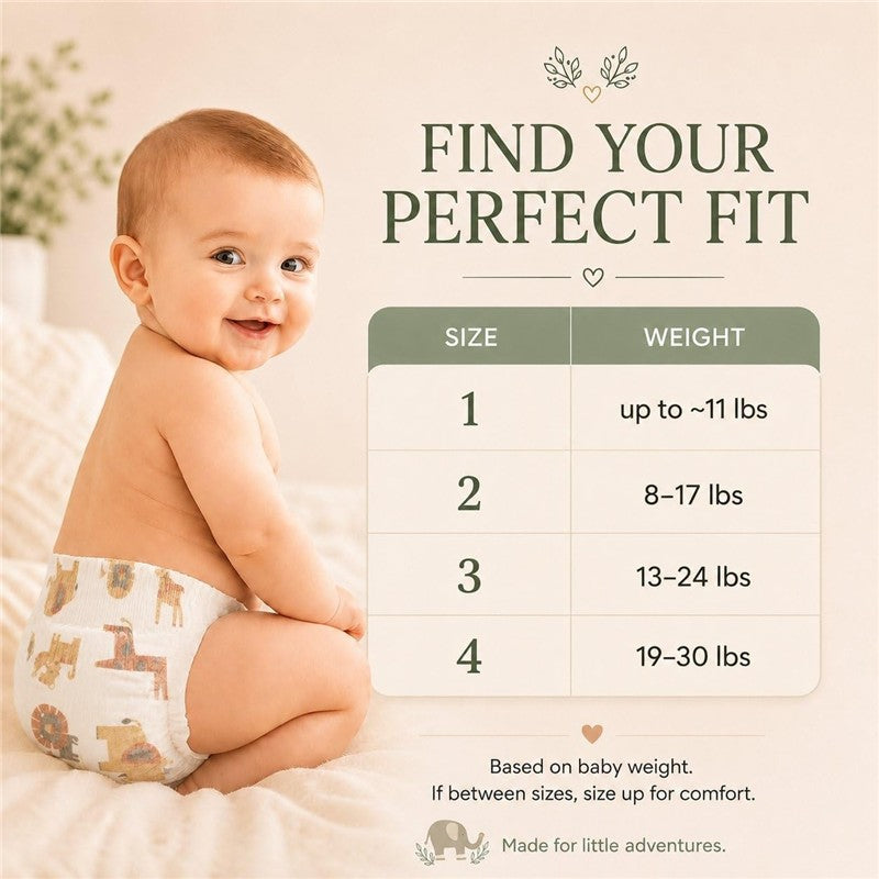 A smiling baby wearing a Little Me diaper with a safari design, next to a size chart for diaper fitting.
