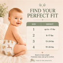 A smiling baby wearing a Little Me diaper with a safari design, next to a size chart for diaper fitting.
