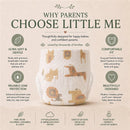 Little Me Baby Diapers featuring soft, absorbent materials with animal prints, highlighting comfort and leak protection benefits.
