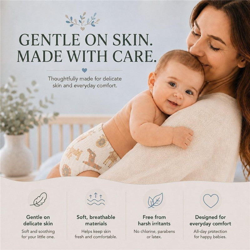 Baby wearing a soft, patterned diaper held by a smiling mother, with text highlighting gentle care for delicate skin.