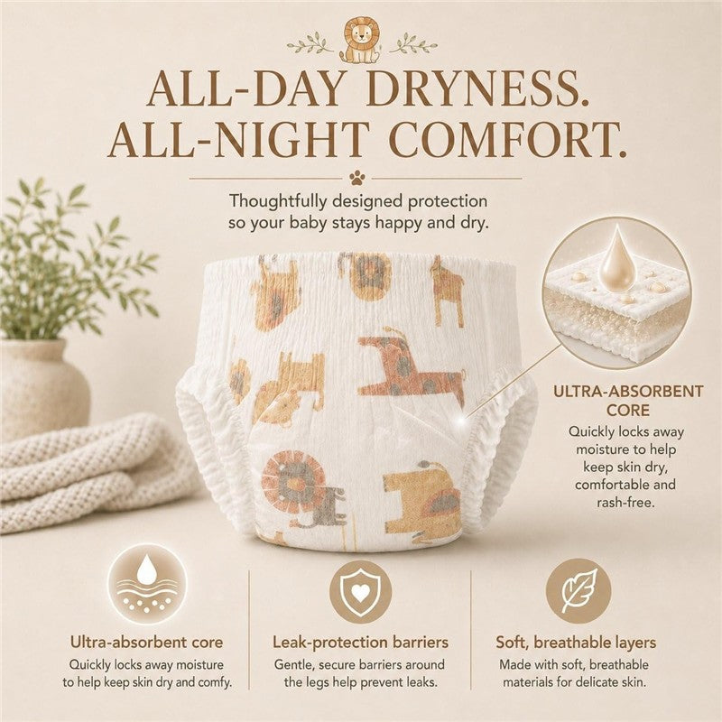 Little Me Baby Diapers Safari feature a soft, absorbent design with animal patterns, emphasizing comfort and moisture protection.