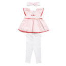 Infant tunic in pink check with strawberry embroidery, paired with white leggings and matching headband.