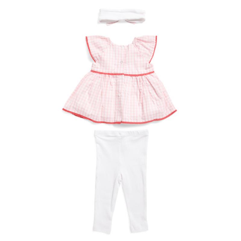 Baby girl’s strawberry check set featuring a pink gingham tunic with flutter sleeves, white leggings, and a matching headband.