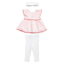 Baby girl’s strawberry check set featuring a pink gingham tunic with flutter sleeves, white leggings, and a matching headband.