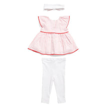 Baby girl’s strawberry check set featuring a pink gingham tunic with flutter sleeves, white leggings, and a matching headband.