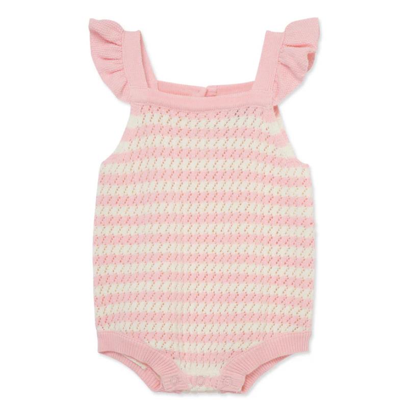 Baby girl striped bubble outfit in pink and white, featuring ruffled straps and snap closure at the bottom.