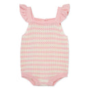 Baby girl striped bubble outfit in pink and white, featuring ruffled straps and snap closure at the bottom.
