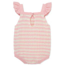 Baby girl bubble outfit in pink and white stripes, featuring ruffled straps and a keyhole back detail.