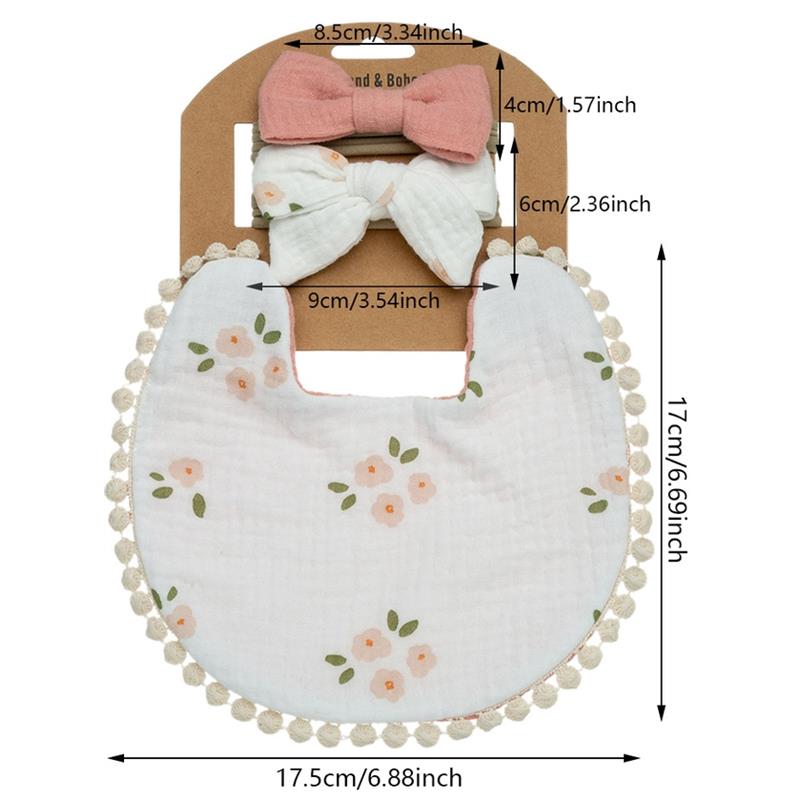 Baby floral cotton waterproof bib with pom-pom trim and matching bows headband set, in pastel colors.