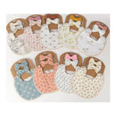 Set of baby floral cotton bibs with matching bows, featuring various patterns and colors, displayed on cardboard backing.
