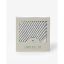 Hooded towel set by Little Unicorn in grey stripes, featuring the product packaging with a clear view of the materials inside.