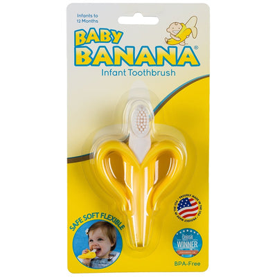 Yellow banana-shaped infant toothbrush designed for babies up to 12 months, labeled as BPA-free and flexible.