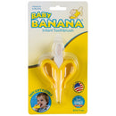Yellow banana-shaped infant toothbrush designed for babies up to 12 months, labeled as BPA-free and flexible.