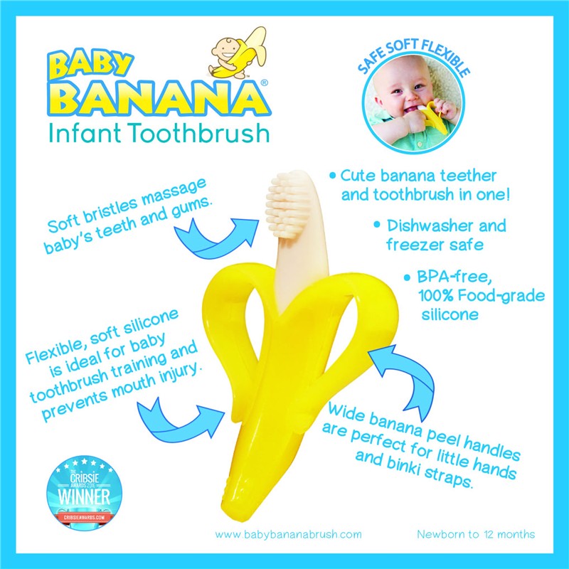 Yellow silicone infant toothbrush shaped like a banana, featuring soft bristles and wide handles for grip.