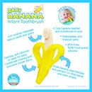 Yellow silicone infant toothbrush shaped like a banana, featuring soft bristles and wide handles for grip.