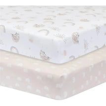 100% cotton jersey crib fitted sheet featuring a rainbow sloth design on a white background and a complimentary light beige sheet with rainbow patterns.
