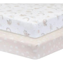 100% cotton jersey crib fitted sheet featuring a rainbow sloth design on a white background and a complimentary light beige sheet with rainbow patterns.