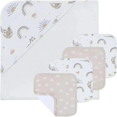 5-pack bath gift set featuring a sloth-themed hooded towel with rainbows and 4 matching washcloths.