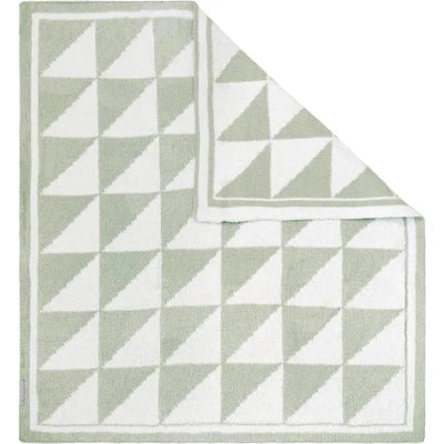 Chenille baby blanket in sage green with a triangle pattern and white border, ultra soft and versatile.