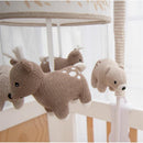 Musical mobile featuring knitted animal toys, including deer and a bear, designed to entertain infants.