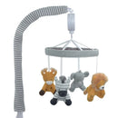 Musical mobile featuring plush animal characters: a lion, zebra, elephant, and giraffe, designed for nursery use.